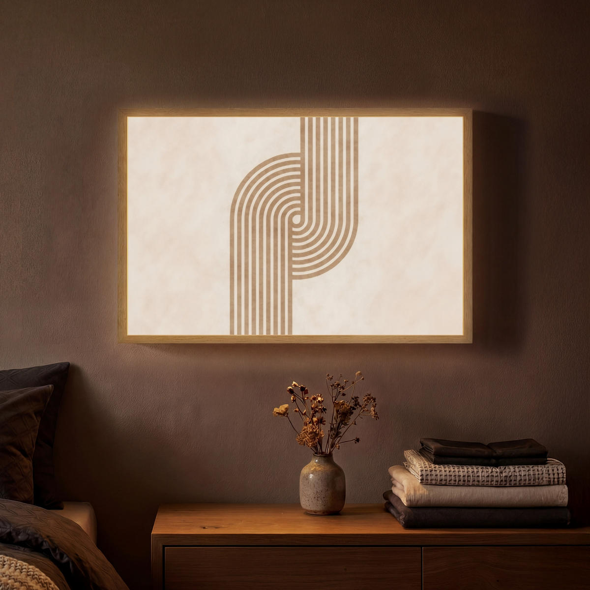NÁSTĚNNÁ LAMPA S AKUMULÁTOREM Symetrický ohyb - měděná barva 60x40 cm - béžová, kompozitní dřevo (60/40/8cm) - OnlyWow