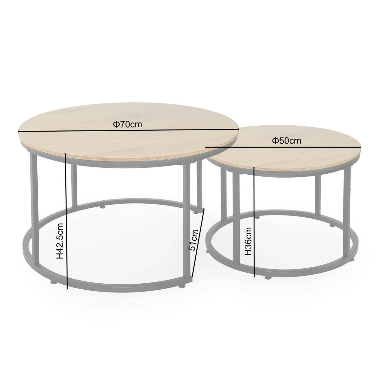 COUCHTISCH 2er Set rund Eiche hell - Hellbraun, Holzwerkstoff (70/70/42.5cm) - Home Collective