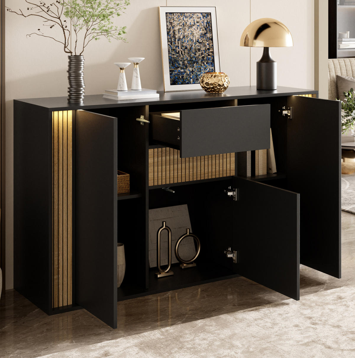 SIDEBOARD in Schwarz und Natur 140x40x82 cm mit 3 Türen, Schublade und verstellbarer LED-Beleuchtung - Schwarz, Holzwerkstoff (40/82/140cm) - IVMEU