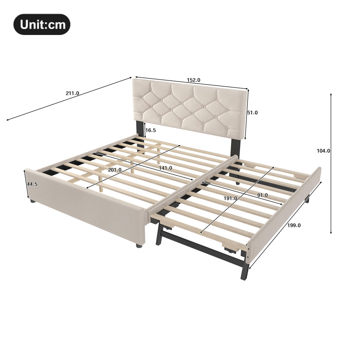 POLSTERBETT 140/200 cm mit Rollcontainer aus Samt Beige - Beige, Textil (140/200cm) - OKWISH