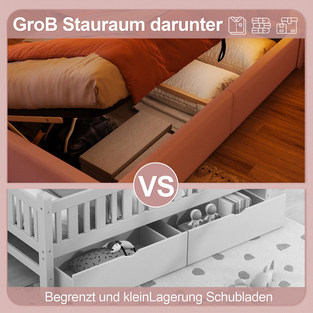 KINDERBETT 90/200 cm Rosa mit hydraulischem Hebemechanismus und LED-Lichtband - Rosa, Leder (90/200cm) - OKWISH