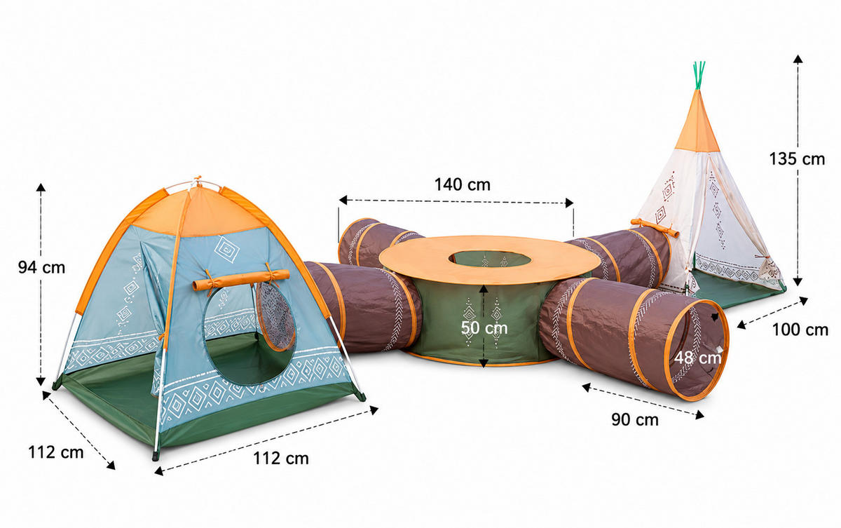 SPIELZELT 7er Set – Tipi, Iglo-Spielzelt mit 4 Tunneln, Indoor & Outdoor, für Kinder ab 3 Jahren - Multicolor, Textil (532/320cm) - COIL