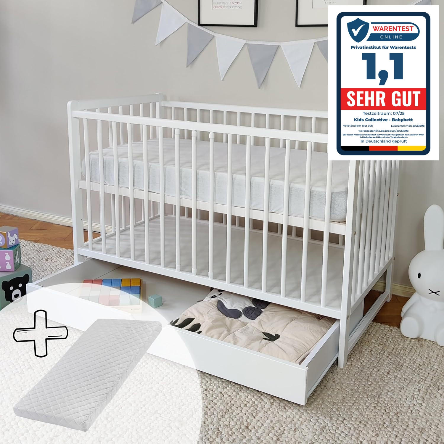 BABYBETT 60x120 cm mit Matratze & Schublade in weiss - Weiß, Holz (60/120cm) - Kids Collective