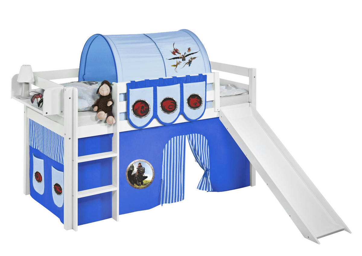 SPIELBETT JELLE Dragons Blau - Hochbett - mit Rutsche und Vorhang - Weiß, Holz - Lilokids