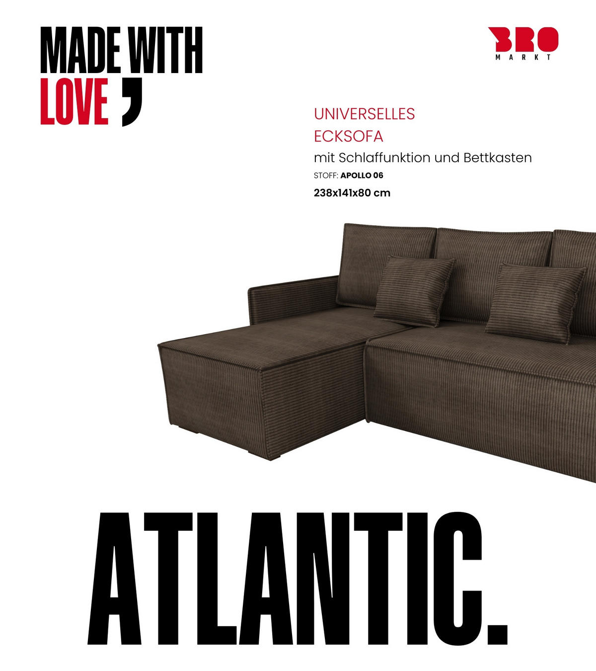 ECKSOFA Atlantic mit Schlaffunktion Braun Cord - Braun, Textil (238/141cm) - Bromarkt