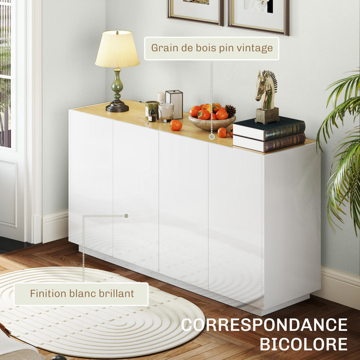 SIDEBOARD Weiß-Lack, Kiefer-Nachbildung, 4 Türen, 140/40/75 cm - Weiß Hochglanz, Holz (140/75/40cm) - PANGIVO
