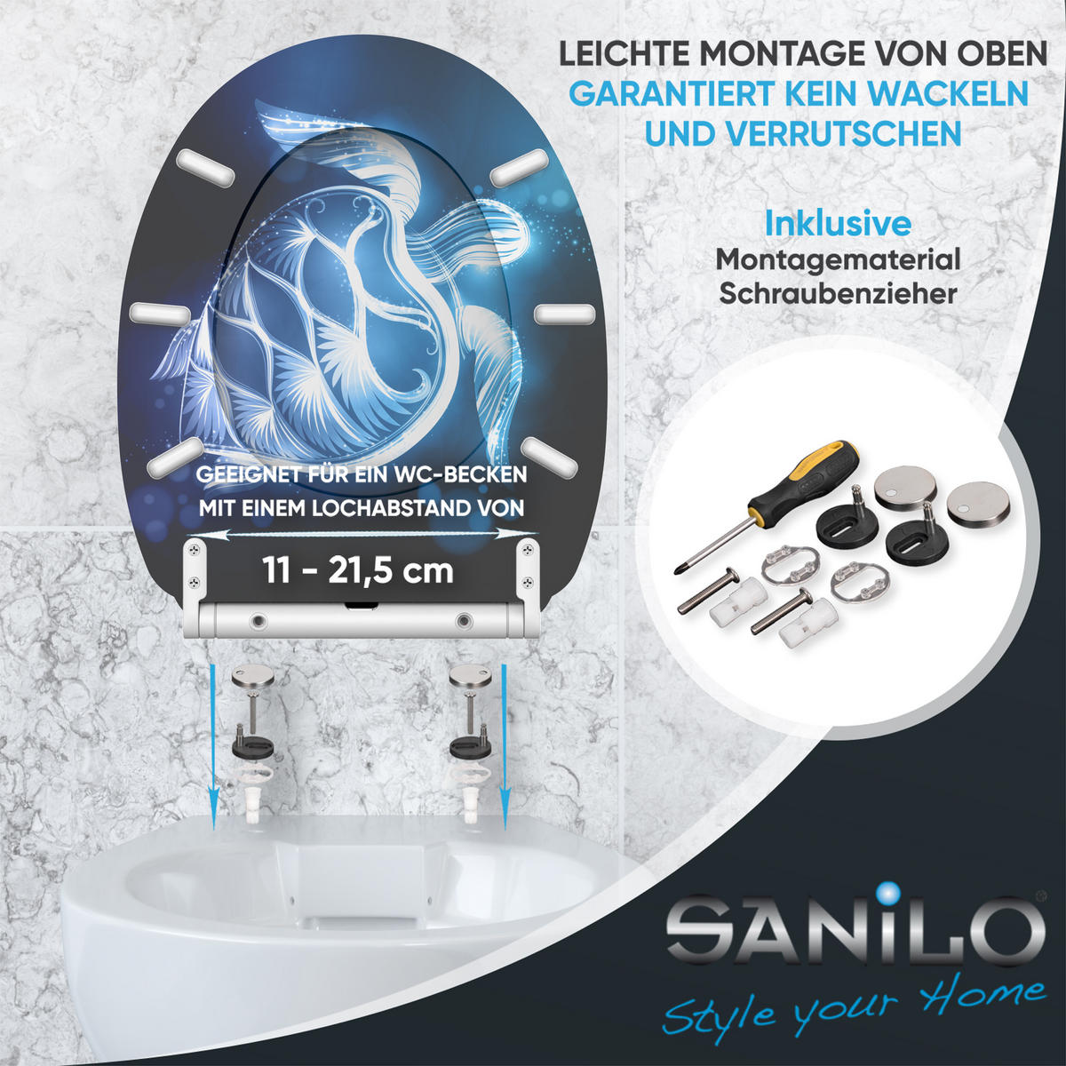 WC-SITZ mit Absenkautomatik & Top Fix Glow Turtle - Blau, Holzwerkstoff (37.7/5.5/48cm) - Sanilo