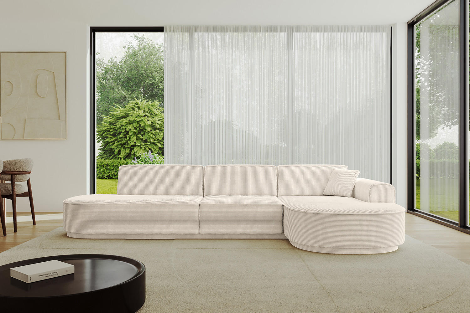 ECKSOFA Ottomane Rechts MARI-L2 - 317x163x81 cm Beige Cord - Beige/Schwarz, Holzwerkstoff/Kunststoff (317/163cm) - ALTDECOR