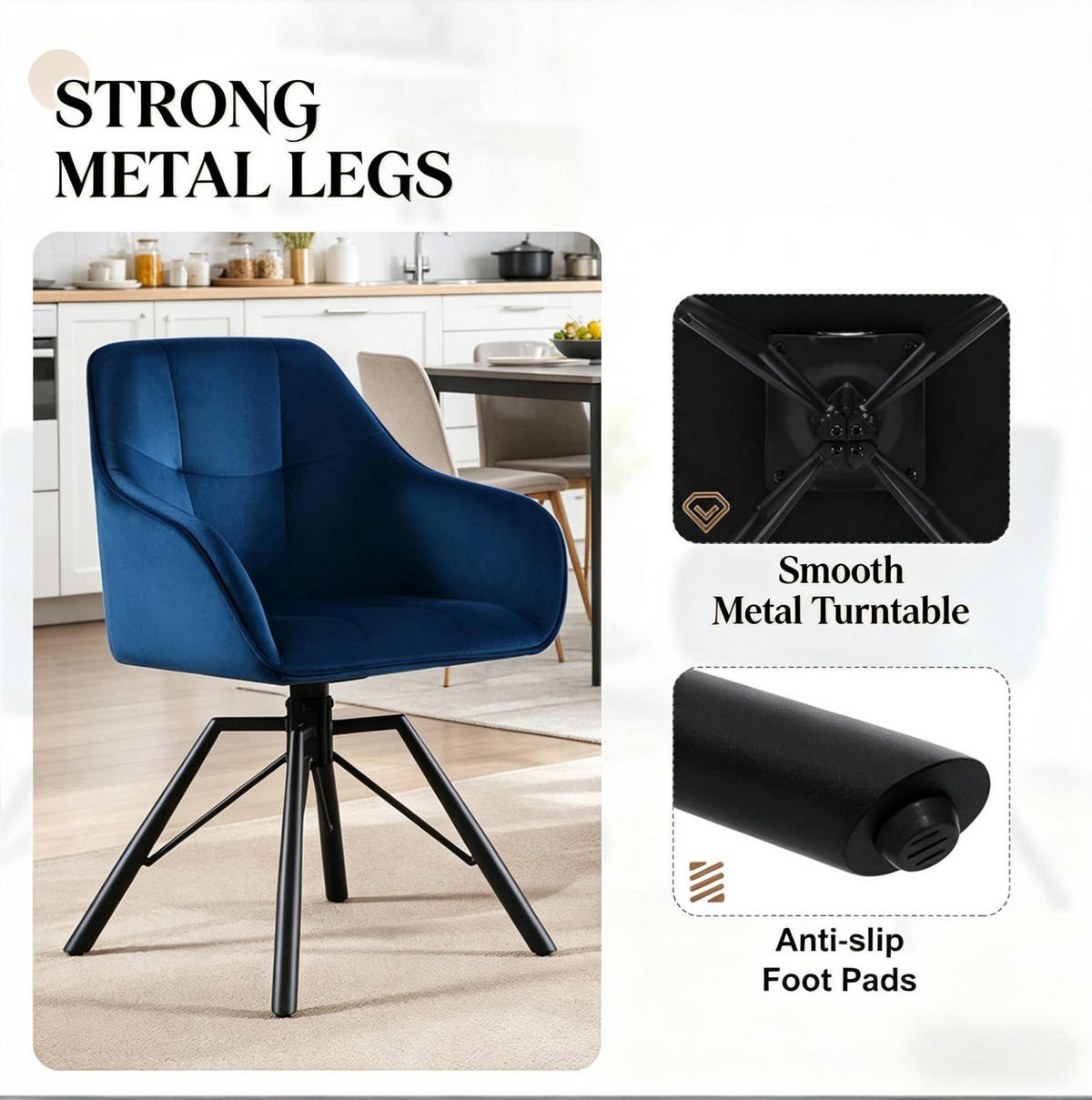 ESSSTUHL 2er-Set drehbar 58,5 x 82,5 x 54,5 cm Blau Samt Metall - Blau, Metall (54/82.5/57cm) - Meubliv