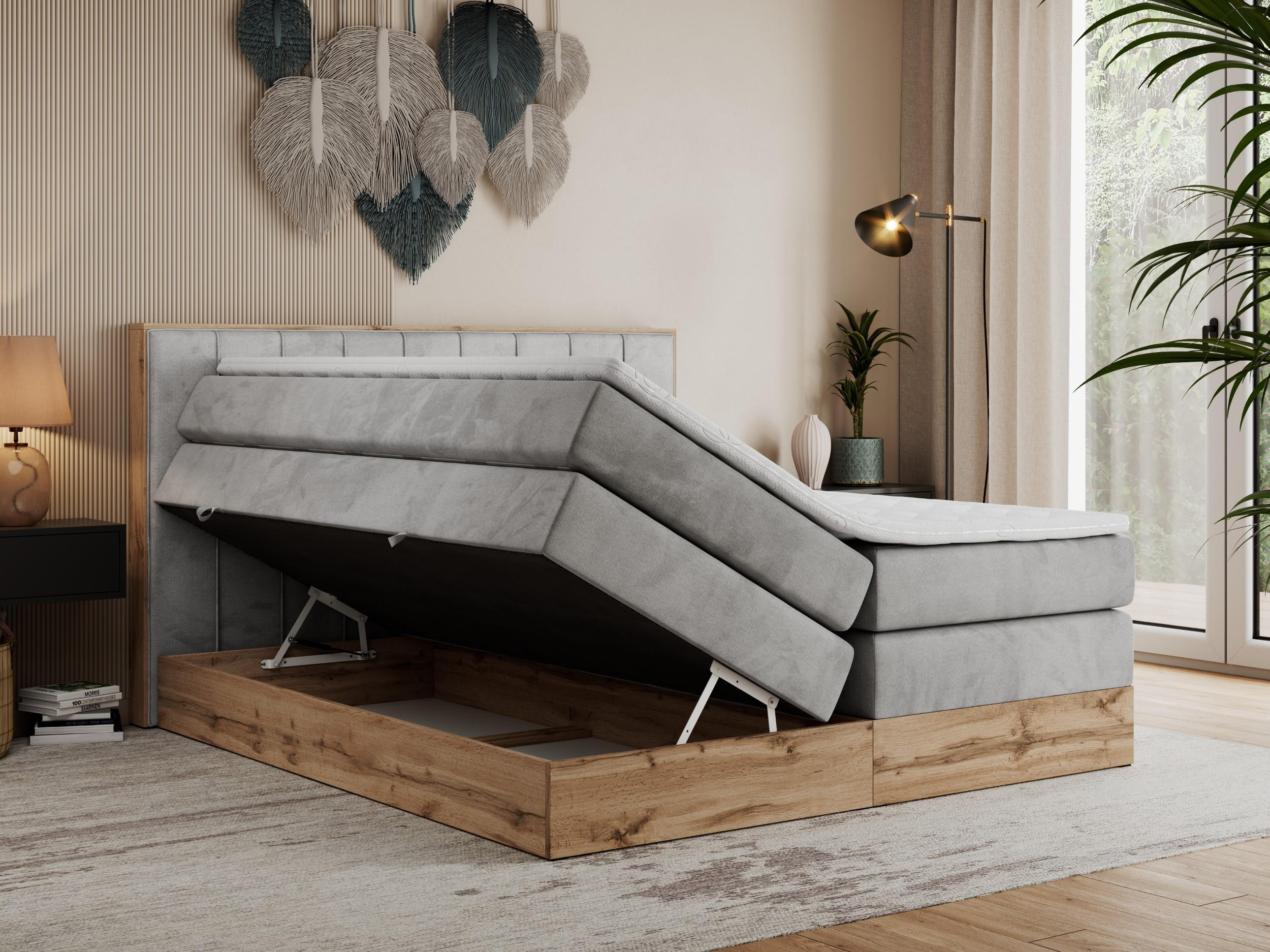 Thumbnail - MKS Boxspringbett, Hellgrau, Textil, 2-Sitzer, H3, Rechteckig, 200x200 cm, Schlafzimmer, Betten, Boxspringbetten