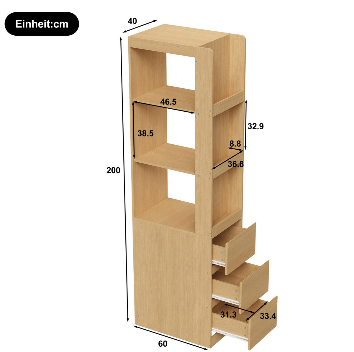 HIGHBOARD 200/40 cm Eichefarben aus Spanplatte mit 3 Schubladen - Eichefarben, Holzwerkstoff (40/200/60cm) - OKMYHOME