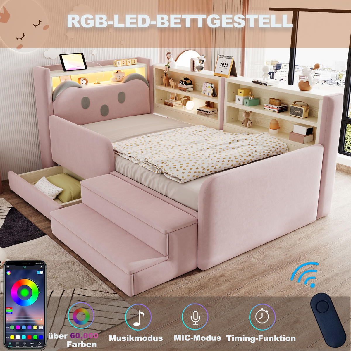 POLSTERBETT 90*200 cm mit LED, USB und Schublade, Rosa - Pink, Textil (90/200cm) - FLIEKS