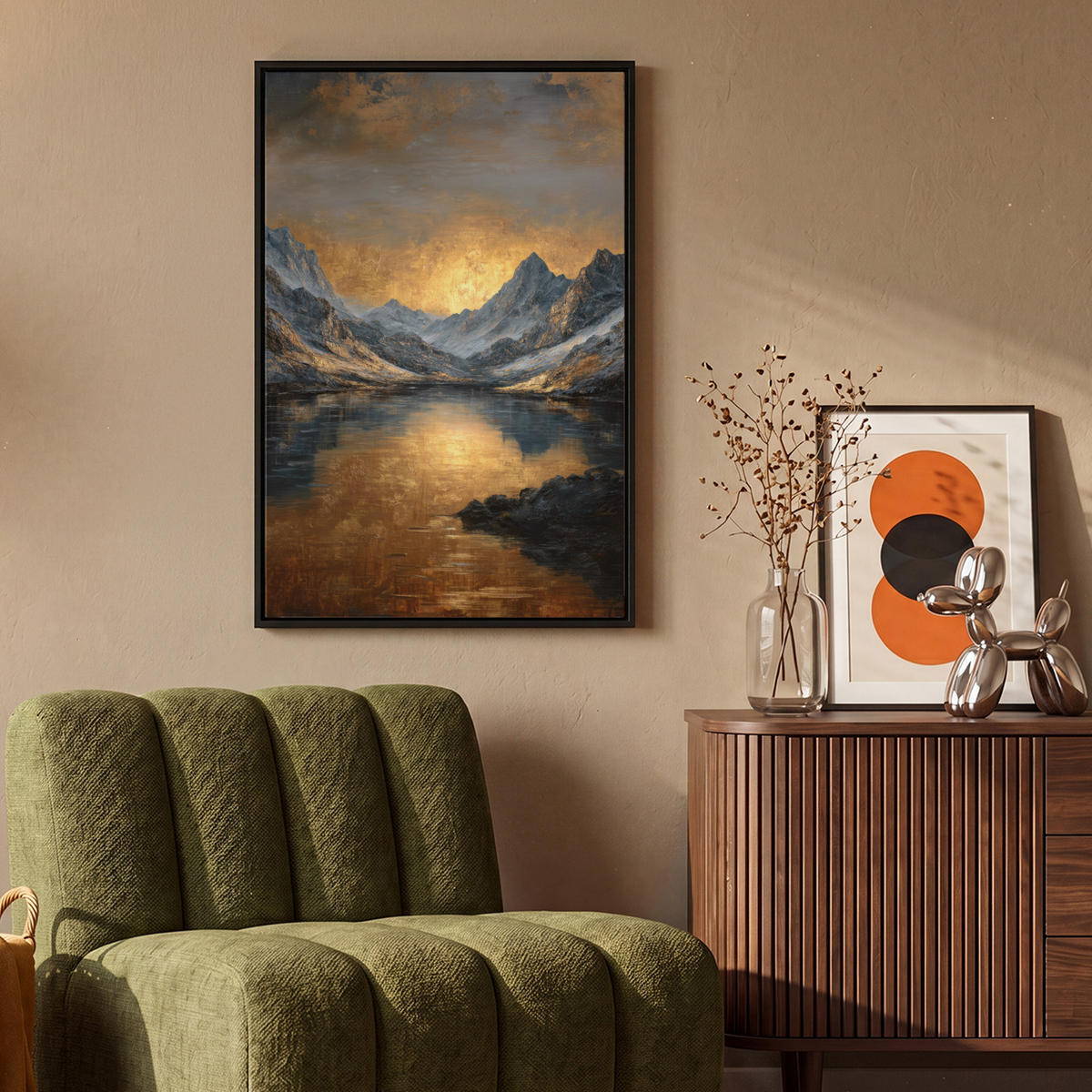 LEINWAND Bilder mit Rahmen - Bergkulisse mit goldenem Sonnenuntergang - 60x90 - Goldfarben, Textil (60/90cm) - MuchoWow