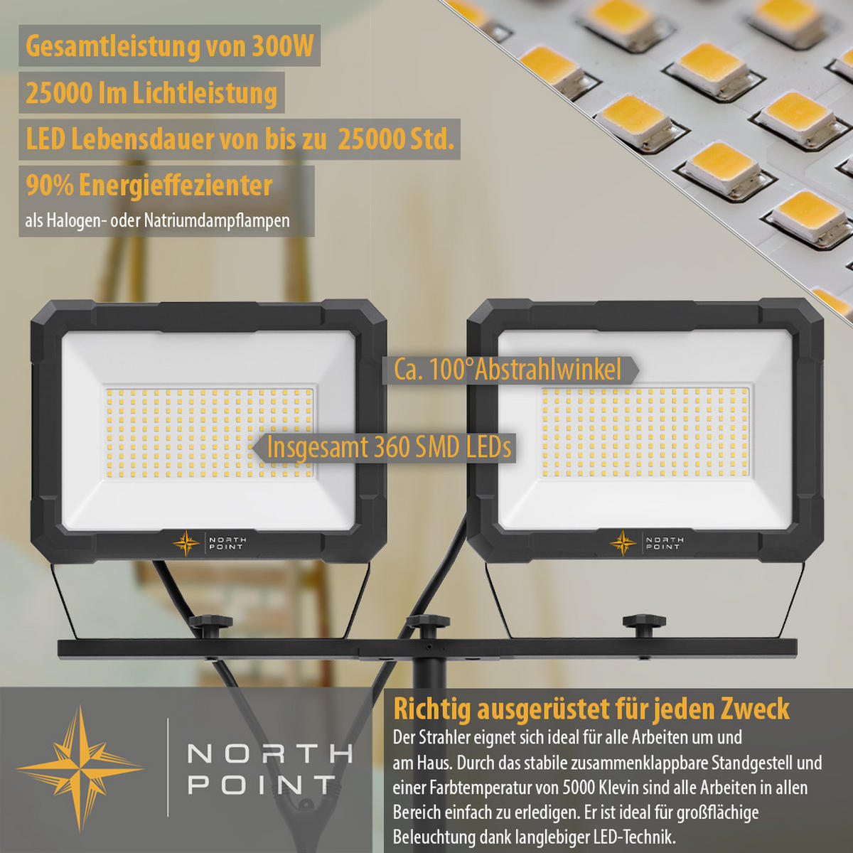 LED-DOPPELBAUSTRAHLER mit Stativ (2x150W, 2x12500 Lumen, 1,70m) - Schwarz, Metall (126/126/167cm) - Northpoint