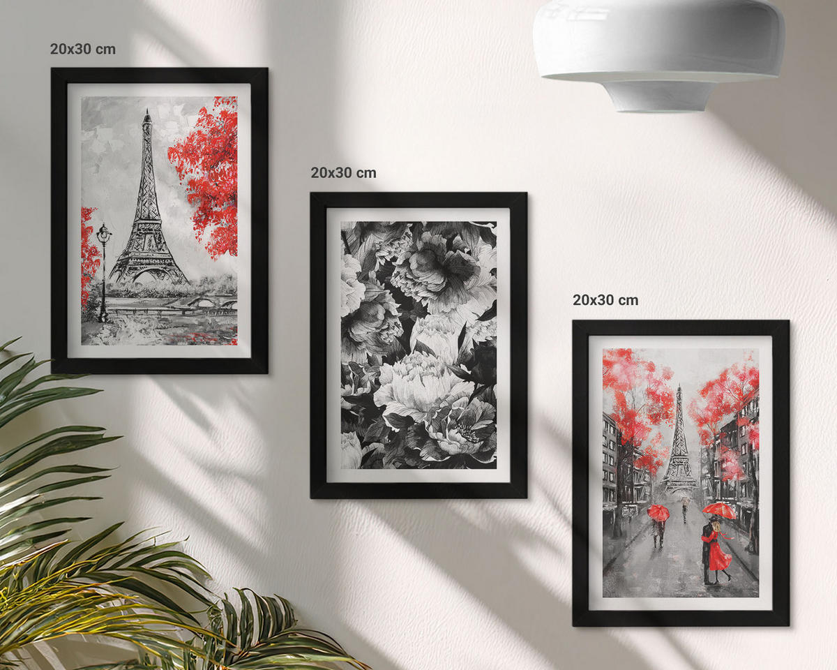 WANDBILDER 3er-Set - 20x30 cm Schwarzer Rahmen - graue Gemälde des Eiffelturms - Schwarz, Kunststoff (20/30cm) - ArtPrintCave