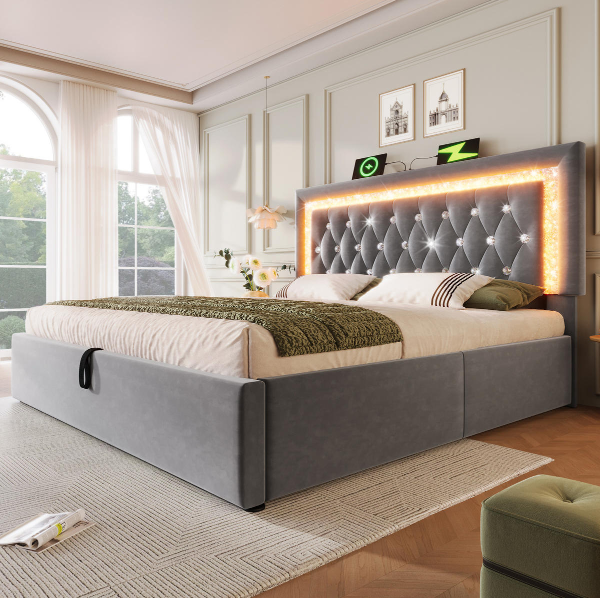 POLSTERBETT aus Samt 180x200 cm Grau mit Bettkasten, LED-Beleuchtung, USB- und USB-C-Anschluss - Grau, Textil (180/200cm) - IVMEU