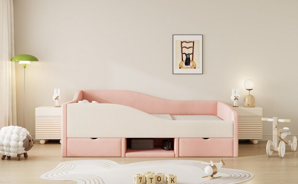 POLSTERBETT 90/190 cm Rosa und Cremeweiß mit zwei Schubladen und Schutzgitter aus hautfreundlichem Samt - Rosa, Textil (90/190cm) - OKWISH