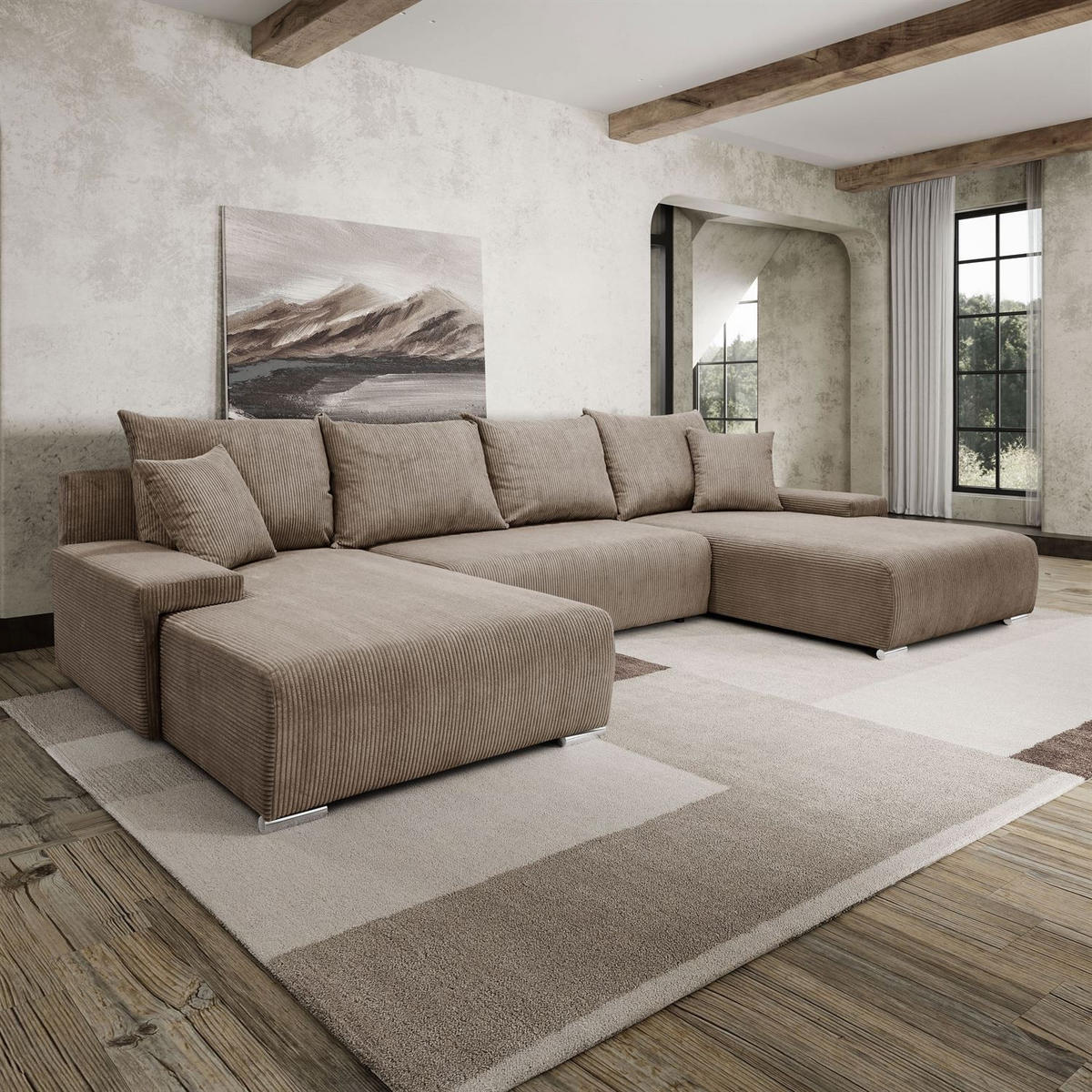 WOHNLANDSCHAFT LAVIO U mit Schlaffunktion und Bettkasten - Braun, Textil (348/93/188cm) - Lookway