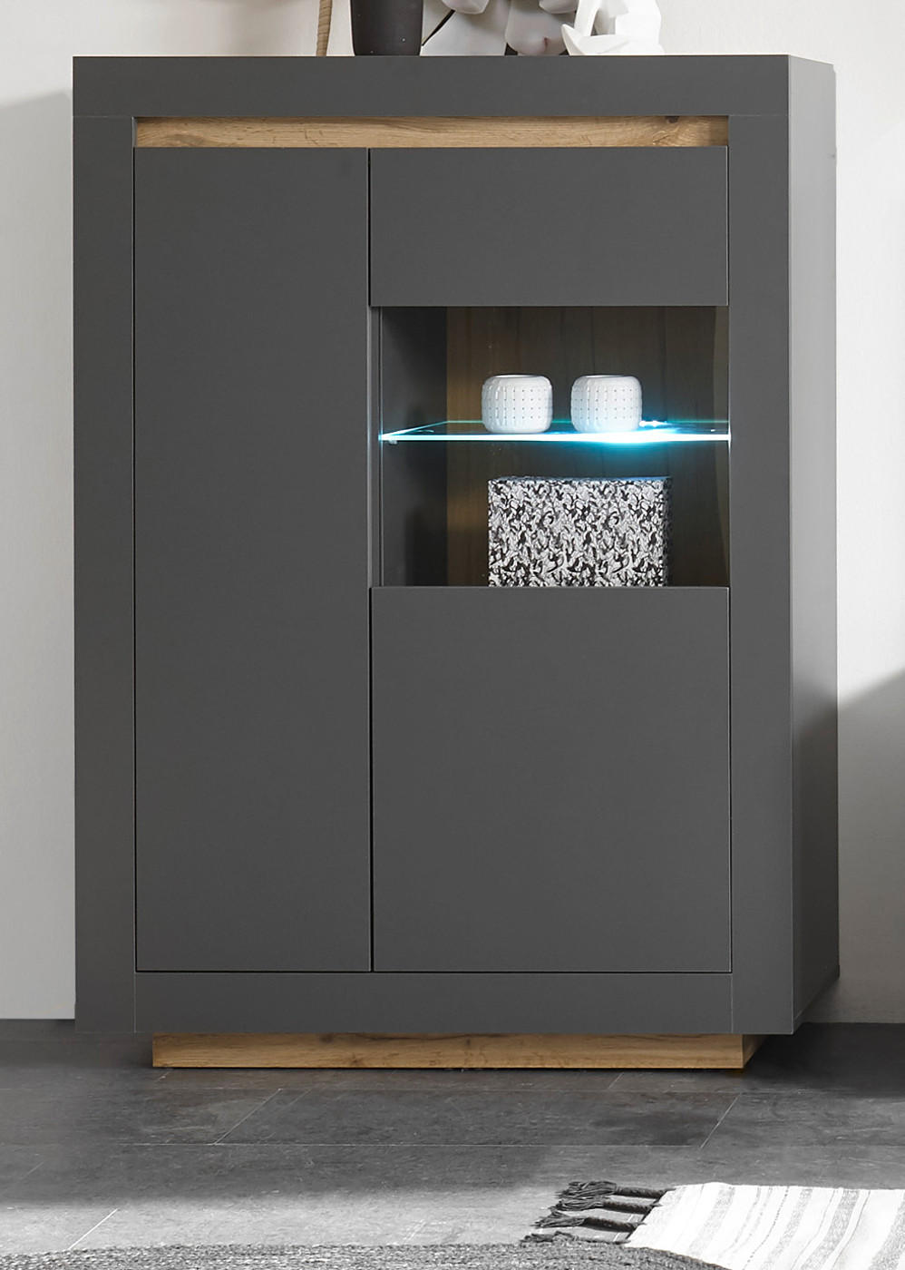 VITRINE anthrazit, Wotan Eiche, Highboard mit viel Stauraum - Eichefarben/Anthrazit, Glas/Holzwerkstoff (96/136/38cm) - Furn.Design