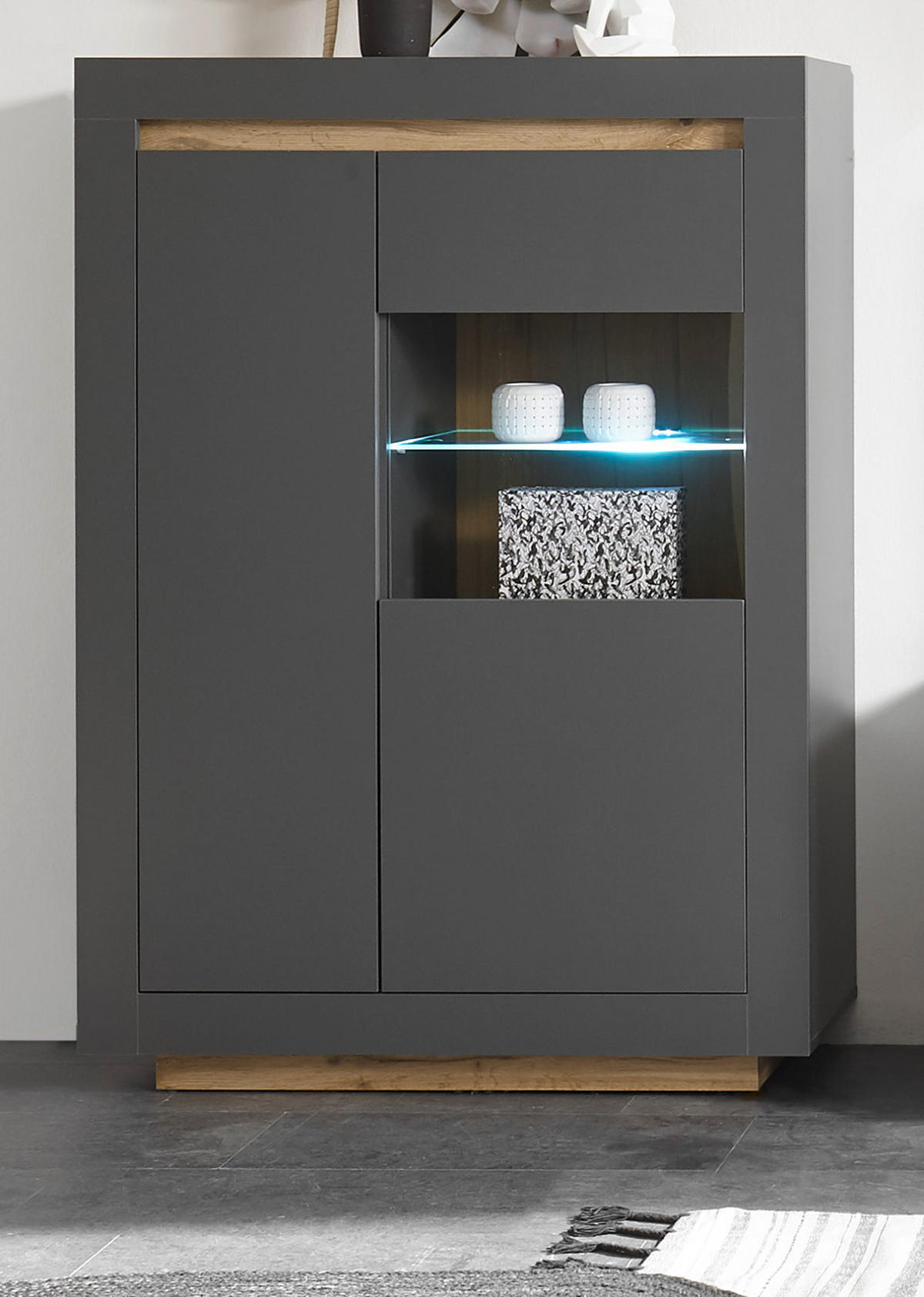 VITRINE anthrazit, Wotan Eiche, Highboard mit viel Stauraum - Eichefarben/Anthrazit, Glas/Holzwerkstoff (96/136/38cm) - Furn.Design