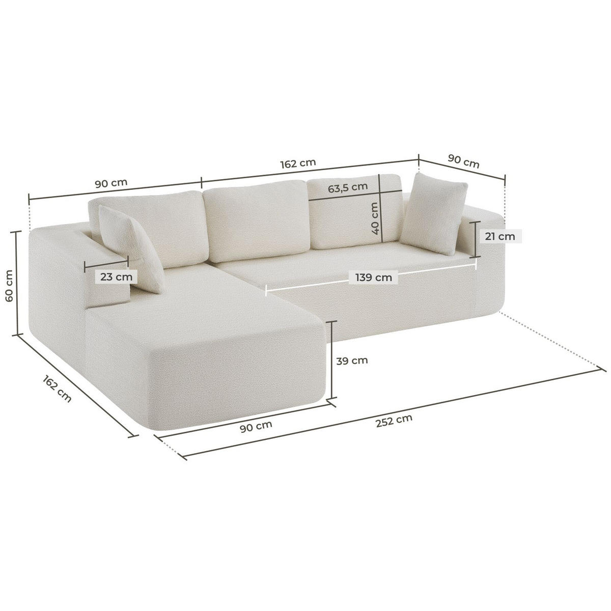 SOFA Relax, keine Montage, 250 cm Breite, Bouclé creme - Creme, Kunststoff/Textil (250/162cm) - tectake