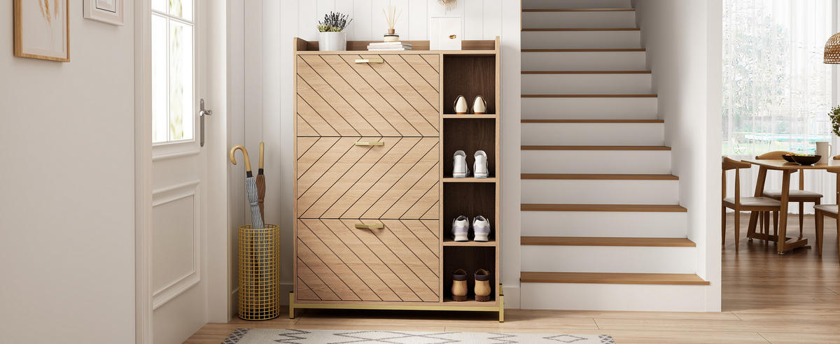 SCHUHSCHRANK 3 Türen Klappdeckel Eiche schmal mit Regalen - Naturfarben, Holz (90/119/24cm) - LEBENLANG