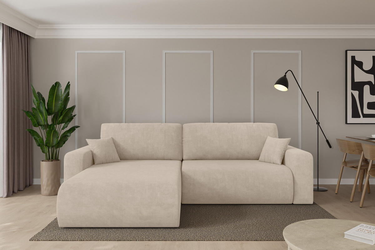 ROHOVÁ SEDAČKA s funkcí spaní, otoman vlevo BERY-L 276x193x88 béžová velur - černá/Sahara, kompozitní dřevo/textil (276/193cm) - ALTDECOR