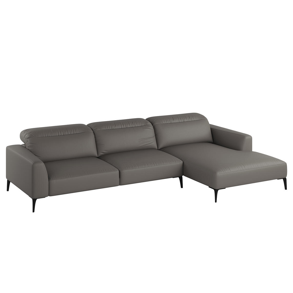 ECKSOFA mit Longchair - Schwarz/Grau, Leder/Metall (328/180cm) - home24