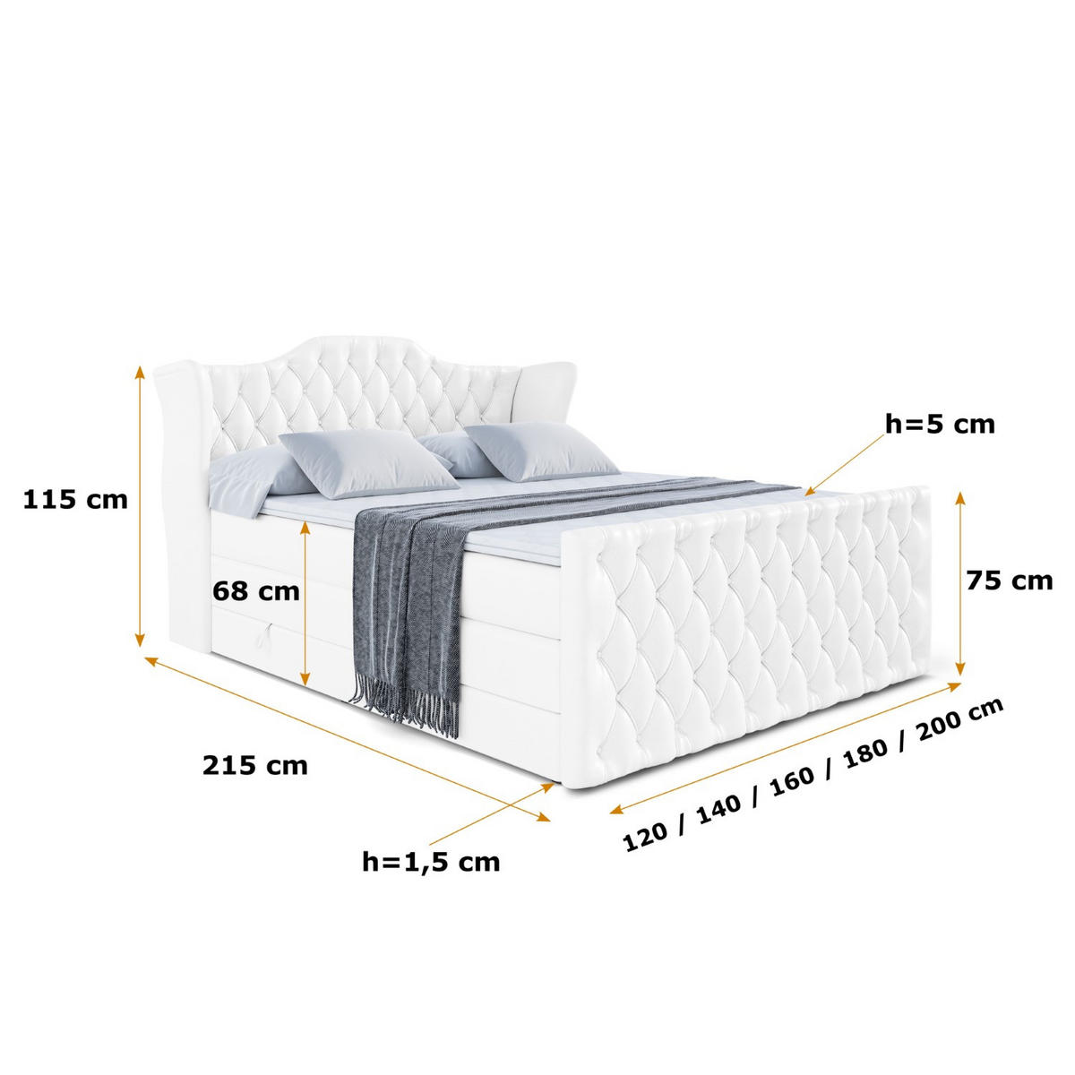 BOXSPRINGBETT VILA-Z KING - 120x200 - H3/H4 - Weiß Hochglanz - Weiß Hochglanz, Holzwerkstoff (120/200cm) - ALTDECOR