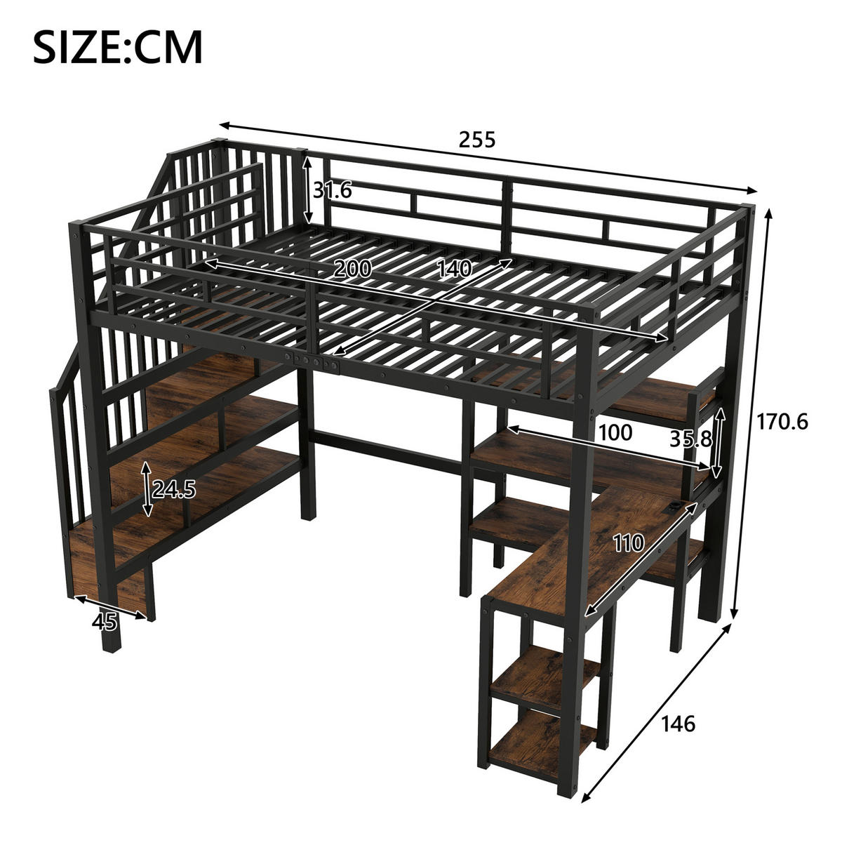 VYSOKÁ posteľ 140/200 cm čierna z MDF a kovu s písacím stolom schodmi úložným priestorom LED a USB - čierna, kov (140/200cm) - OKWISH