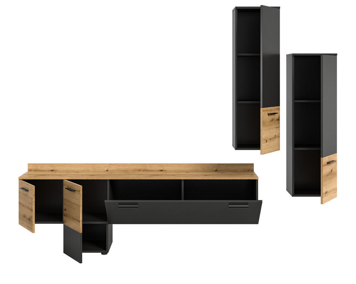 WOHNWAND 3-teilig grau, Evoke Eiche 247 cm, Schrankwand mit Soft-Close - Eichefarben/Schwarz, Holzwerkstoff/Kunststoff (247/196/37cm) - Inn.Furn