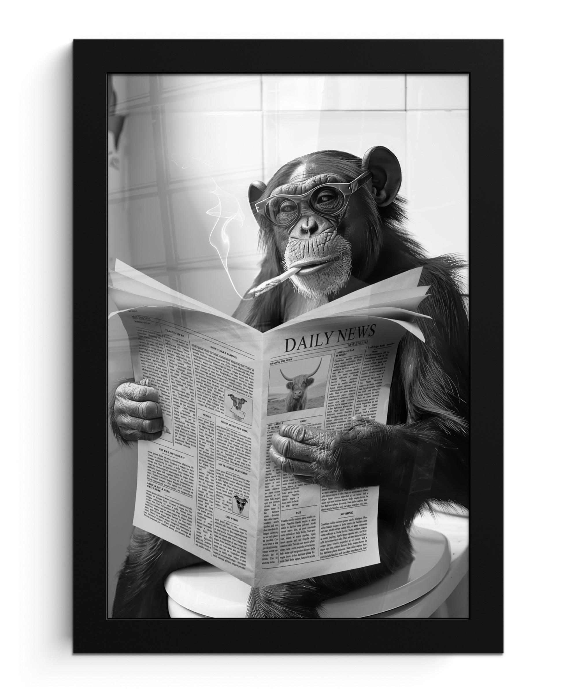 GERAHMTES BILD Affe - WC - Zeitung - Schwarz-Weiß - Humor 20x30 cm - Hellgrau, Papier (20/30cm) - MuchoWow