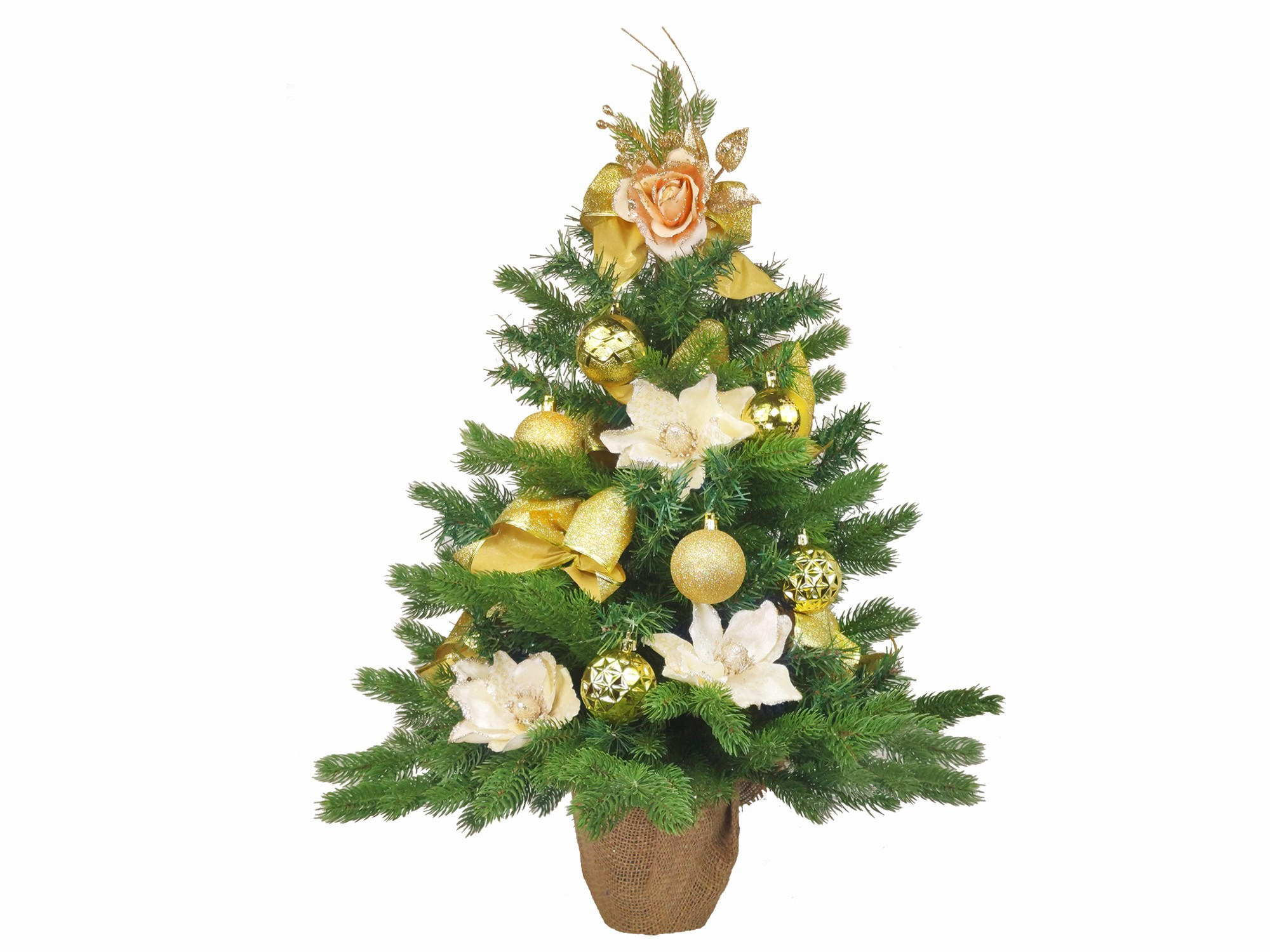 WEIHNACHTSBAUM geschmückt künstlich GENTLE ROSE 60 cm mit LED-BELEUCHTUNG IM TOPF - Champagner/Goldfarben, Kunststoff (60cm) - LAALU