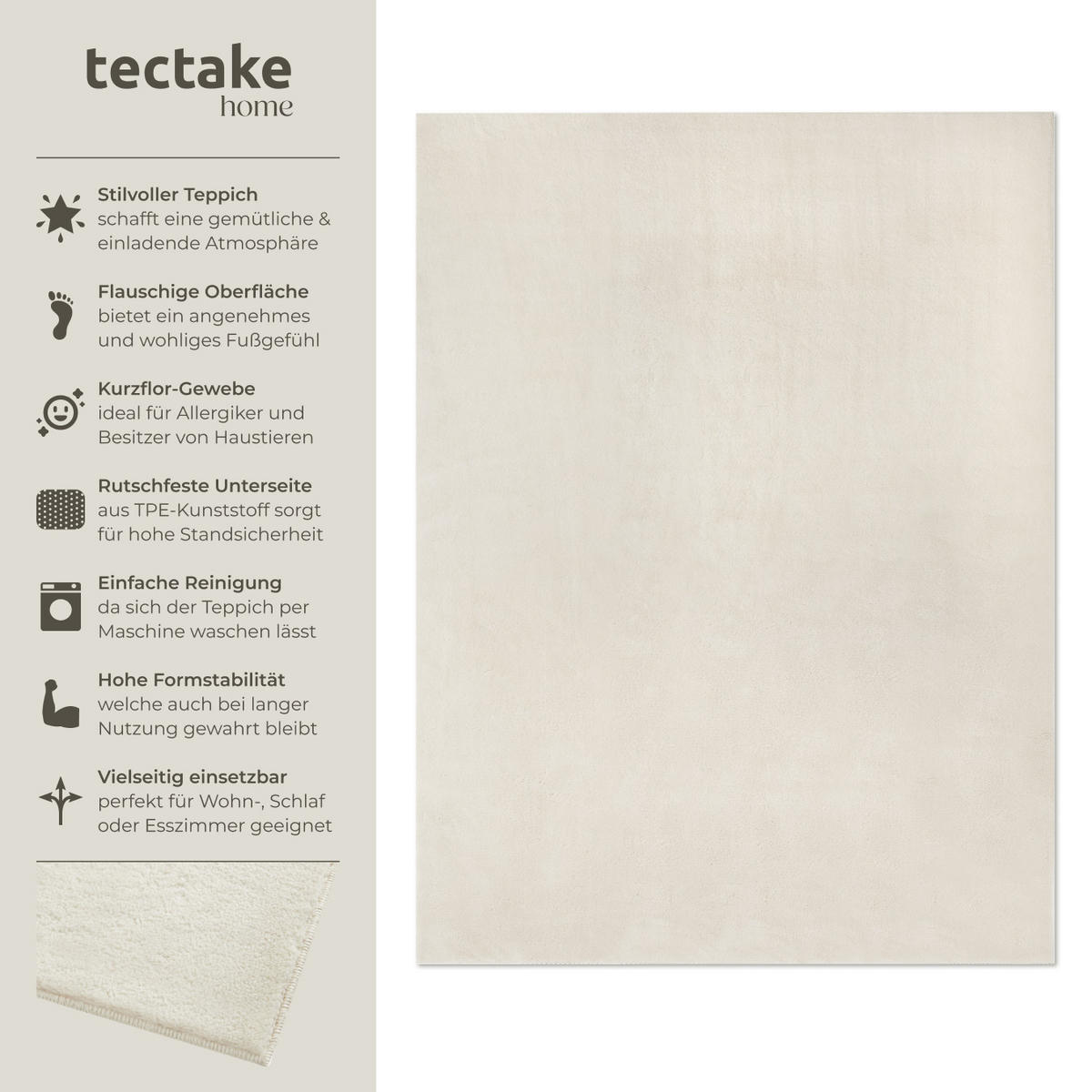 KURZFLORTEPPICH Soft Zone,rutschfeste Unterseite,creme - Creme, Kunststoff (230/160cm) - tectake