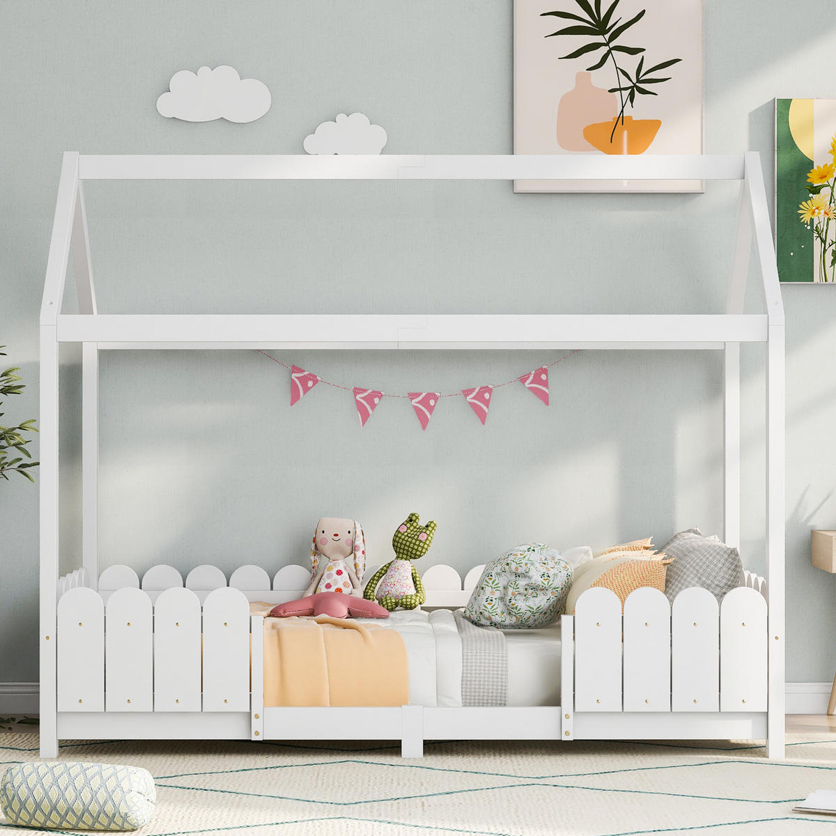 HAUSBETT 90/200 cm in Weiß Kinderbett mit Rausfallschutz und Lattenrost im Hausdesign - Weiß, Holzwerkstoff (90/200cm) - STILVORA