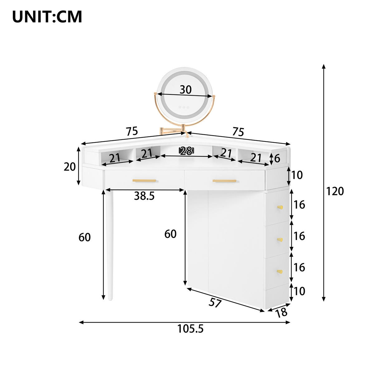 SCHMINKTISCH 105,5/75/120 cm weiß aus Spanplatte mit LED-Spiegel - Weiß, Holzwerkstoff (75/120/105.5cm) - OKWISH