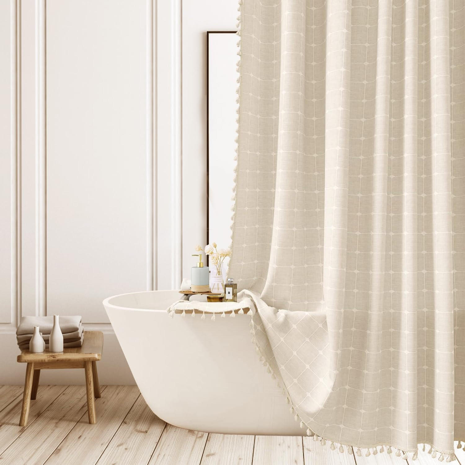 DUSCHVORHANG Boho kariert Leinen Polyester Landhausstil klein mit Pompons - Beige, Textil (180/180cm) - MCBOSON