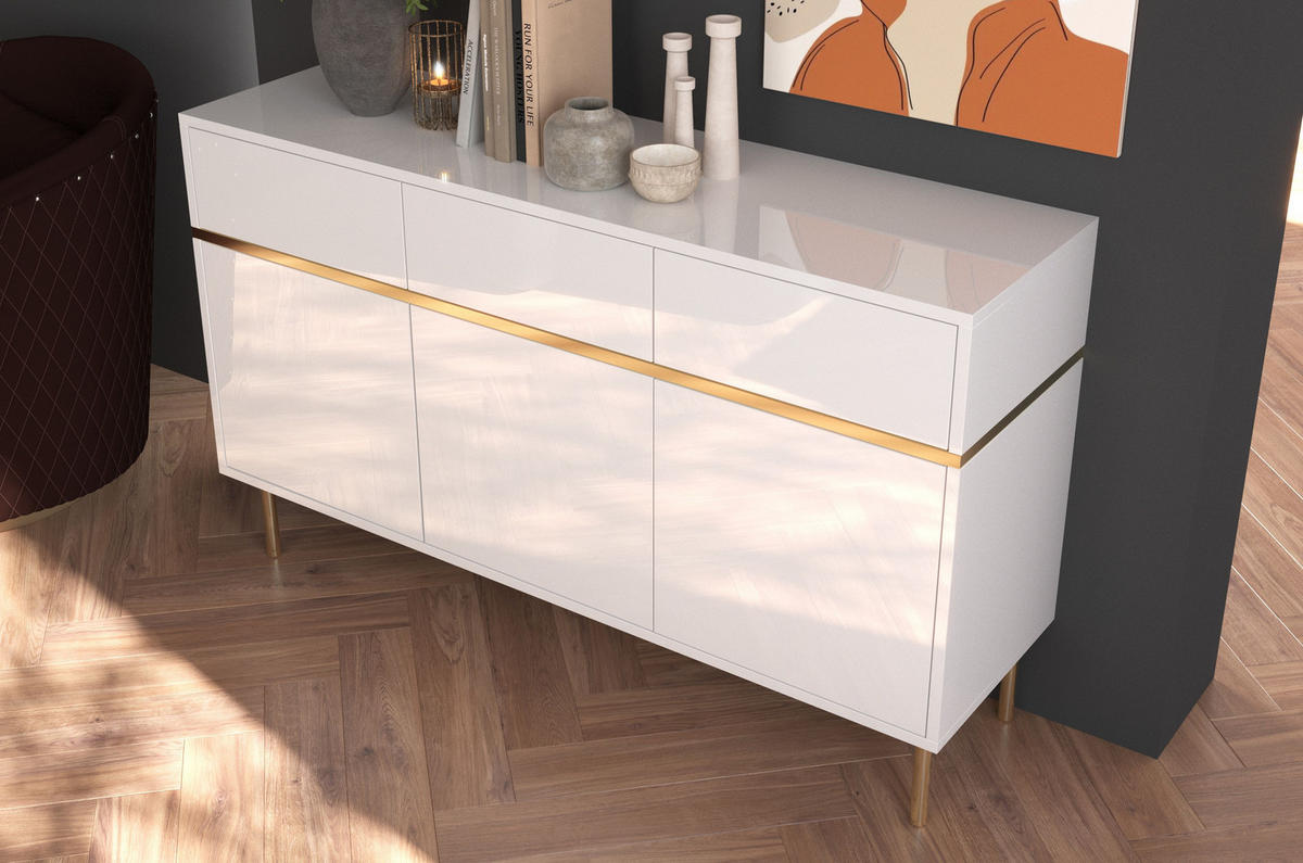SIDEBOARD Marika, Weiß, Gold, Hochglanz - Goldfarben/Weiß, Holzwerkstoff/Metall (137.5/85/39.5cm) - Dancan