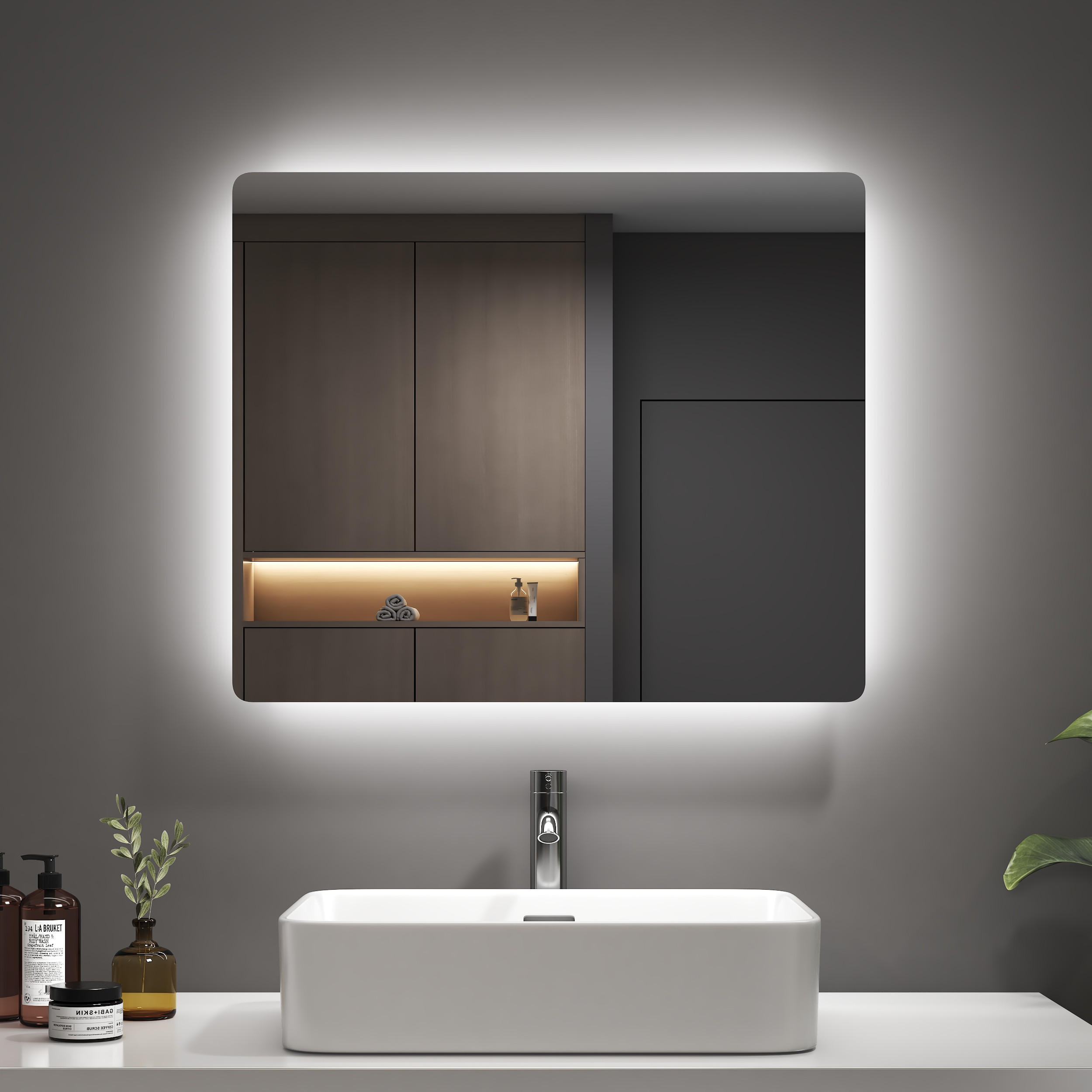 BADSPIEGEL mit Anti-Beschlag Beleuchtung Rechteckig 60/40 cm - Weiß, Glas (40/3.6/60cm) - EMKE