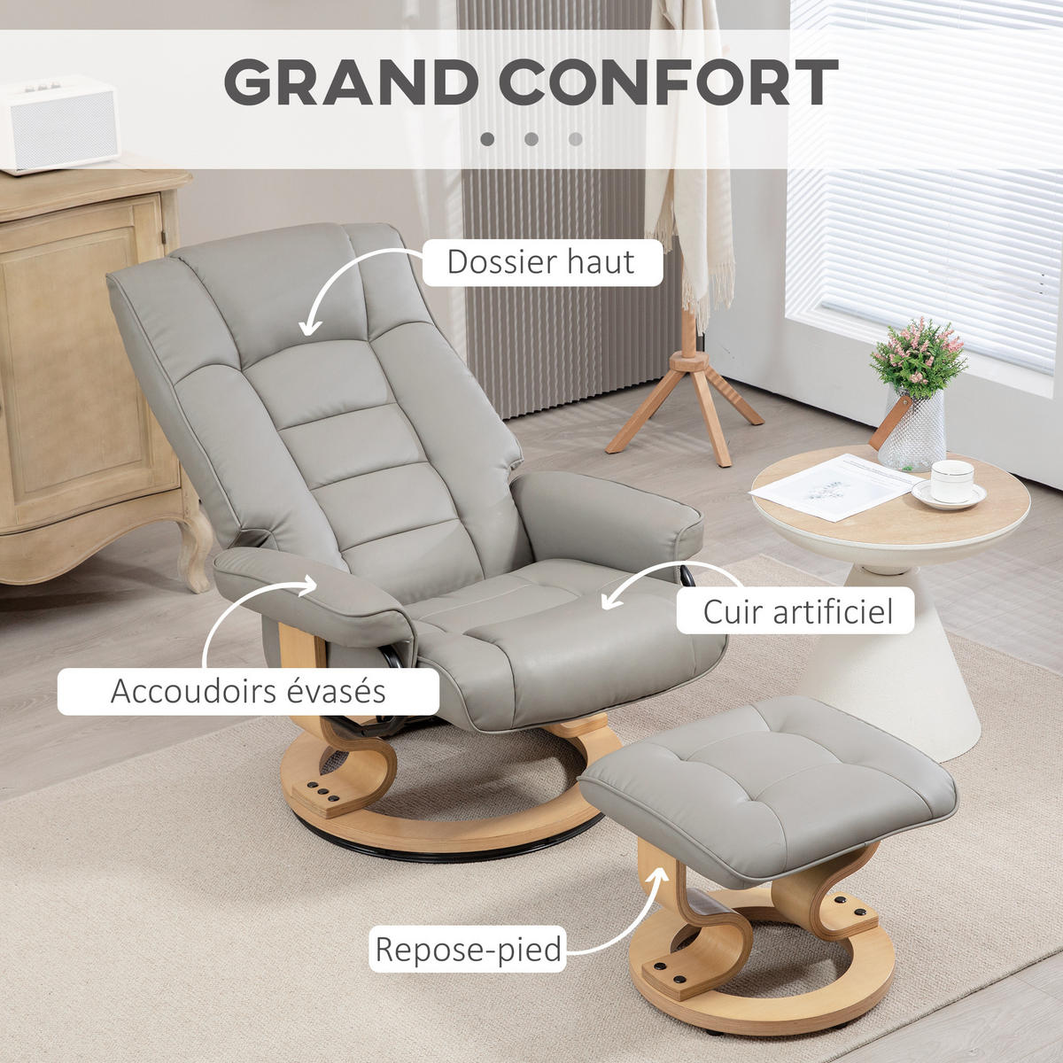 RELAXSESSEL DE-17373 130° neigbar, 360° drehbar mit Fußstütze Grau - Grau, Holz (85/104/76cm) - ComfortXL