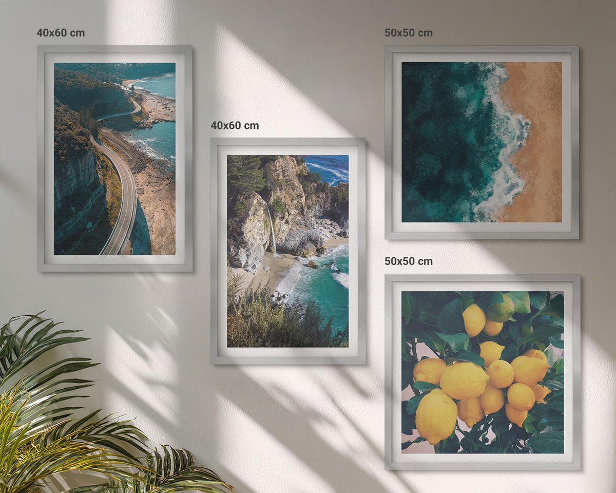 BILDER SET 4er Set - 50x50 cm & 40x60 cm Silberner Rahmen - Meerstrand Zitronen Berge - Silberfarben, Kunststoff (50/50cm) - TULUP