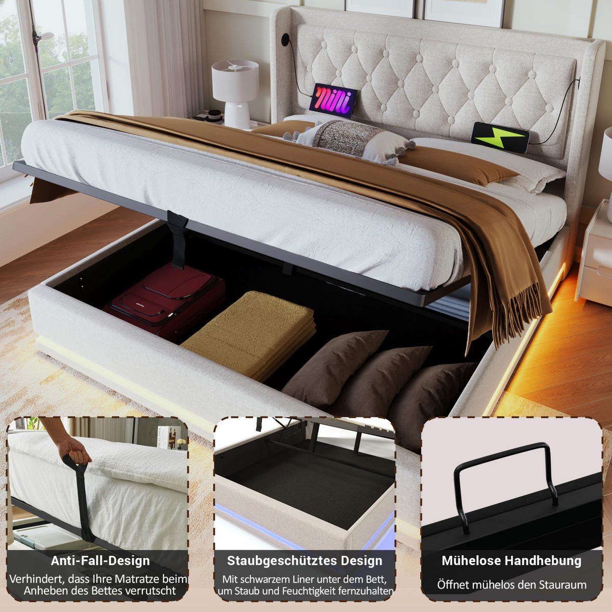 POLSTERBETT 140/200 cm mit LED-Beleuchtung, USB-C, hydraulischem Bettkasten und Matratze, Baumwolle, Beige - Beige, Textil (140/200cm) - Redom