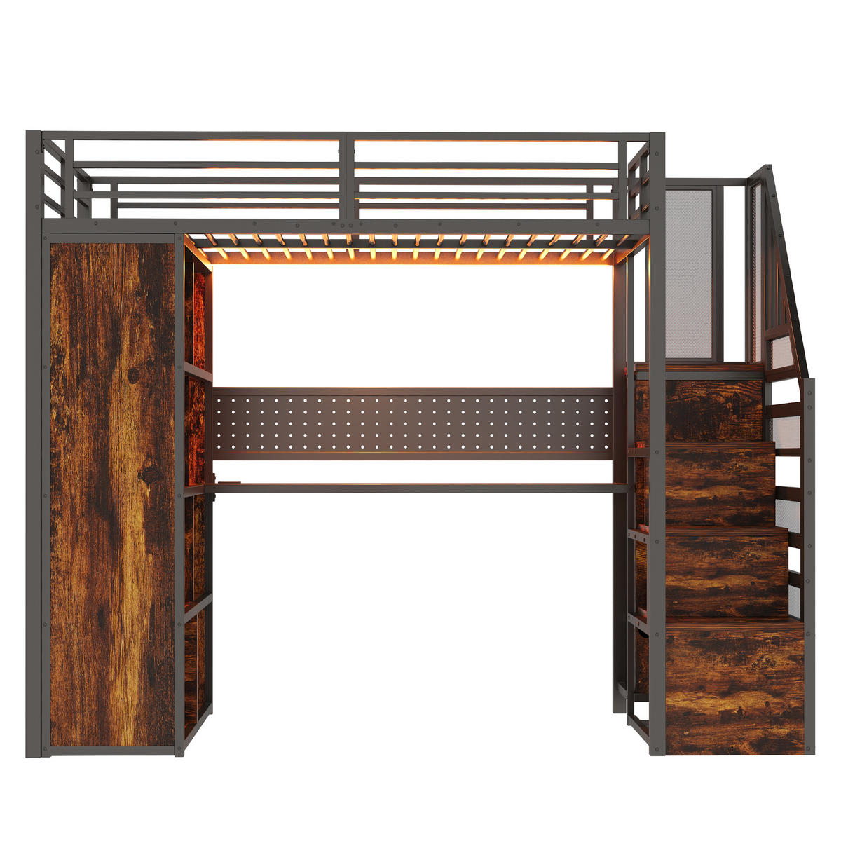 HOCHBETT 90/200 cm in Schwarz mit Stauraumtreppe, Schreibtisch und LED aus Metall - Schwarz, Holzwerkstoff/Metall (90/200cm) - CHICFURN