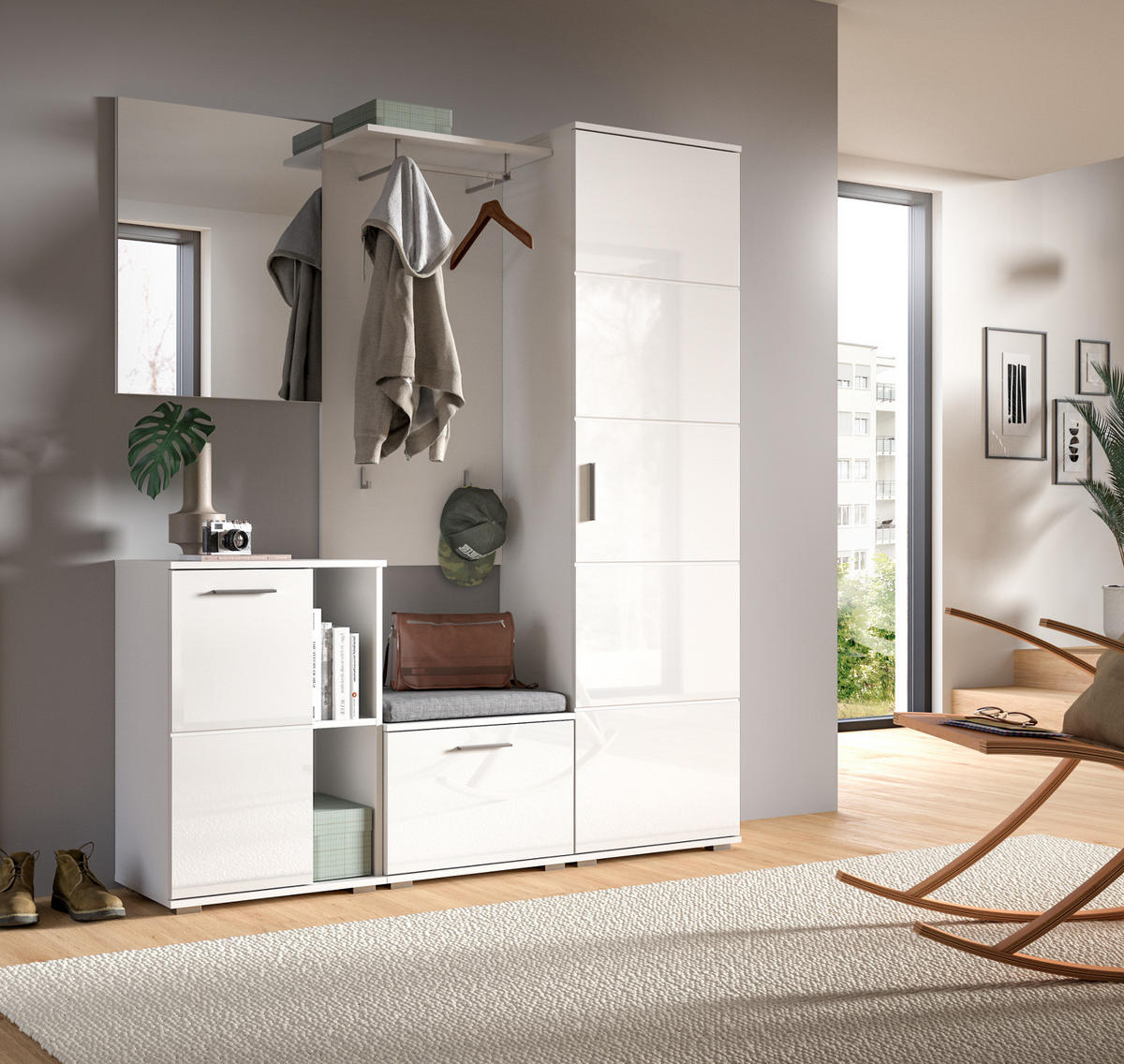 GARDEROBE SET 5-teilig weiß Hochglanz 165 cm, Kombination mit viel Stauraum - Weiß Hochglanz/Silberfarben, Glas/Holzwerkstoff (165/191/37cm) - Inn.Furn