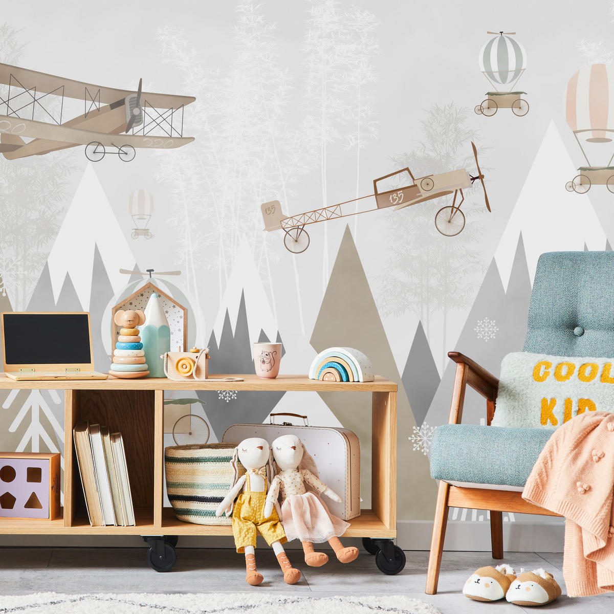 FOTOTAPETE für Kinderzimmer Flugzeuge Bergen Bäume 500x350 - Beige/Braun, Papier (500/350cm) - Muralo