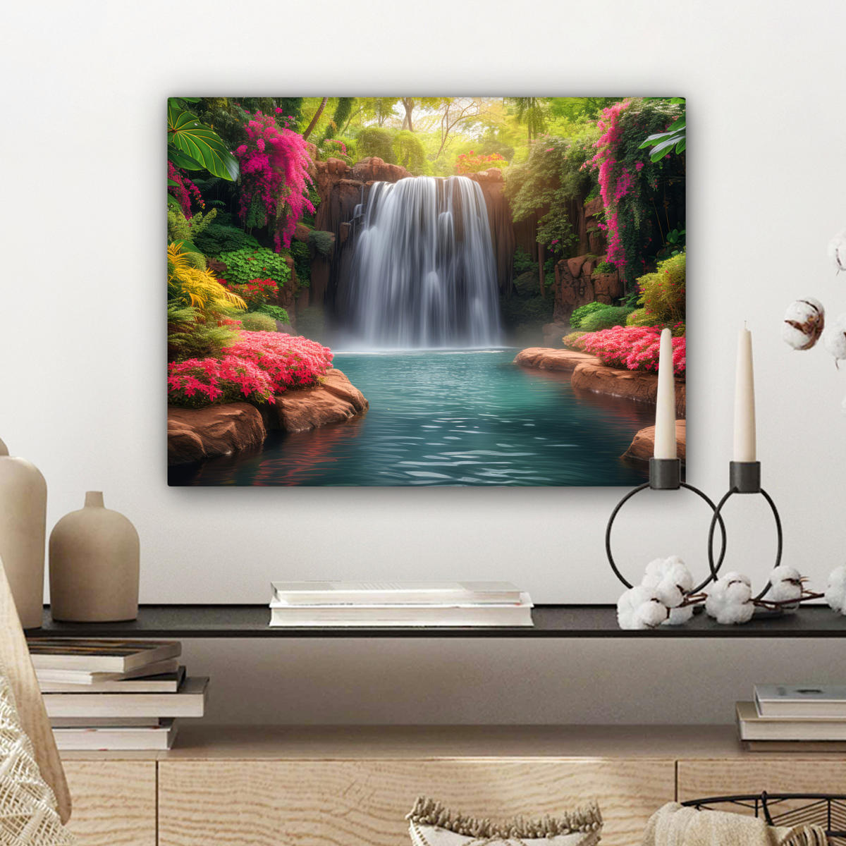 LEINWANDBILD Wasserfall - Natur - Pflanzen - Dschungel - Wasser Wandbild 40x30 cm - Grün, Textil (40/30cm) - MuchoWow