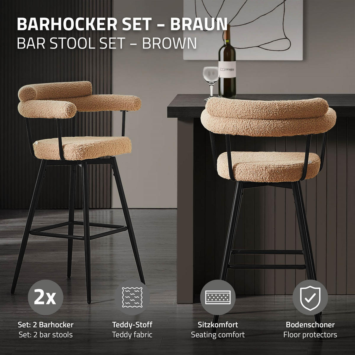BAROVÁ ŽIDLE, sada 2 ks, otočná, hnědá s plyšovým potahem, výška 76 cm - černá/hnědá, kov/textil (61/103/55cm) - ML-DESIGN