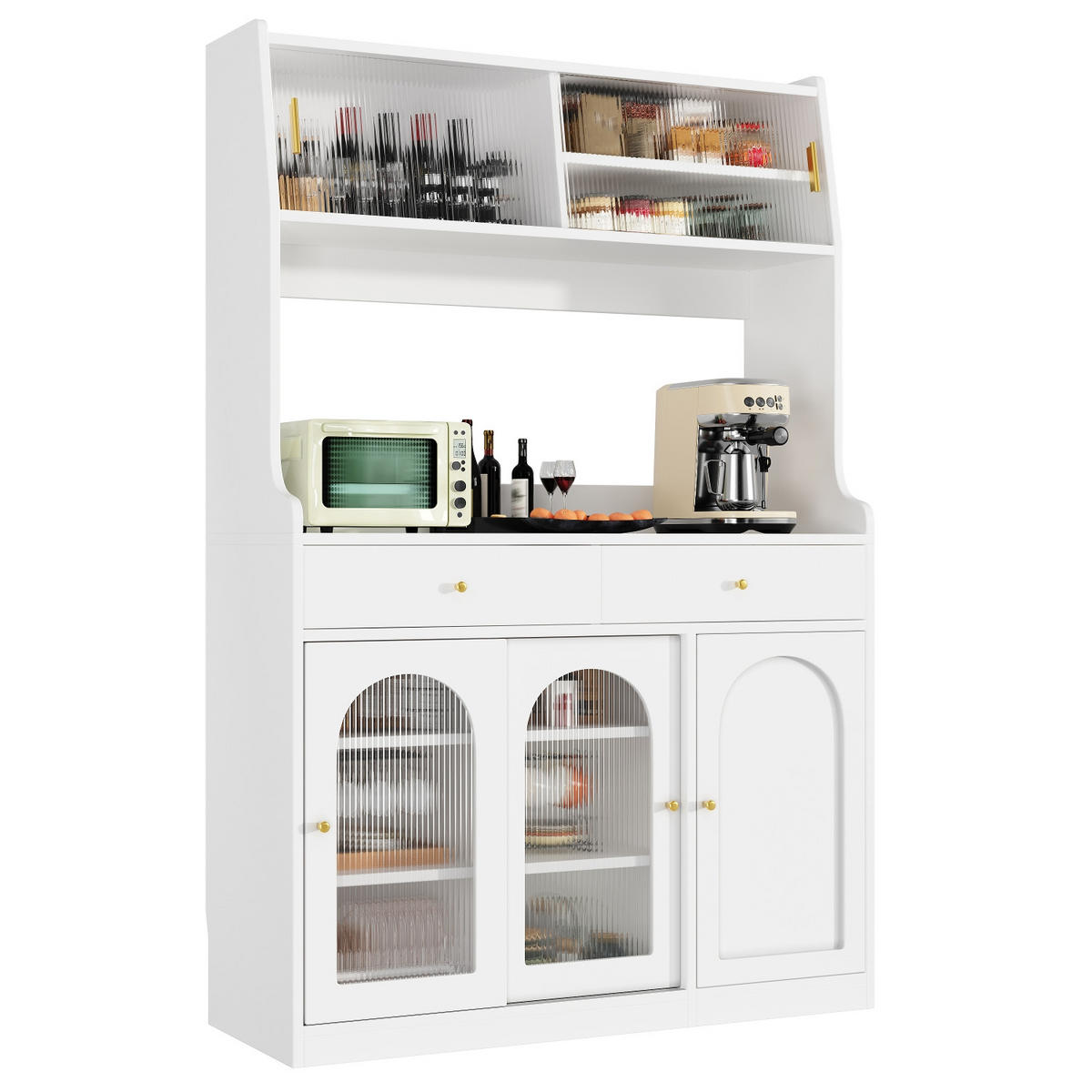 KÜCHENSCHRANK weiß mit LED, Buffetschrank mit Glastür, 120/180/40 cm, MDF, Weiß, MIT APP-STEUERUNG, Küchenanrichte mit 2 Schubladen - Weiß, Holzwerkstoff (40/180/120cm) - Rolipo