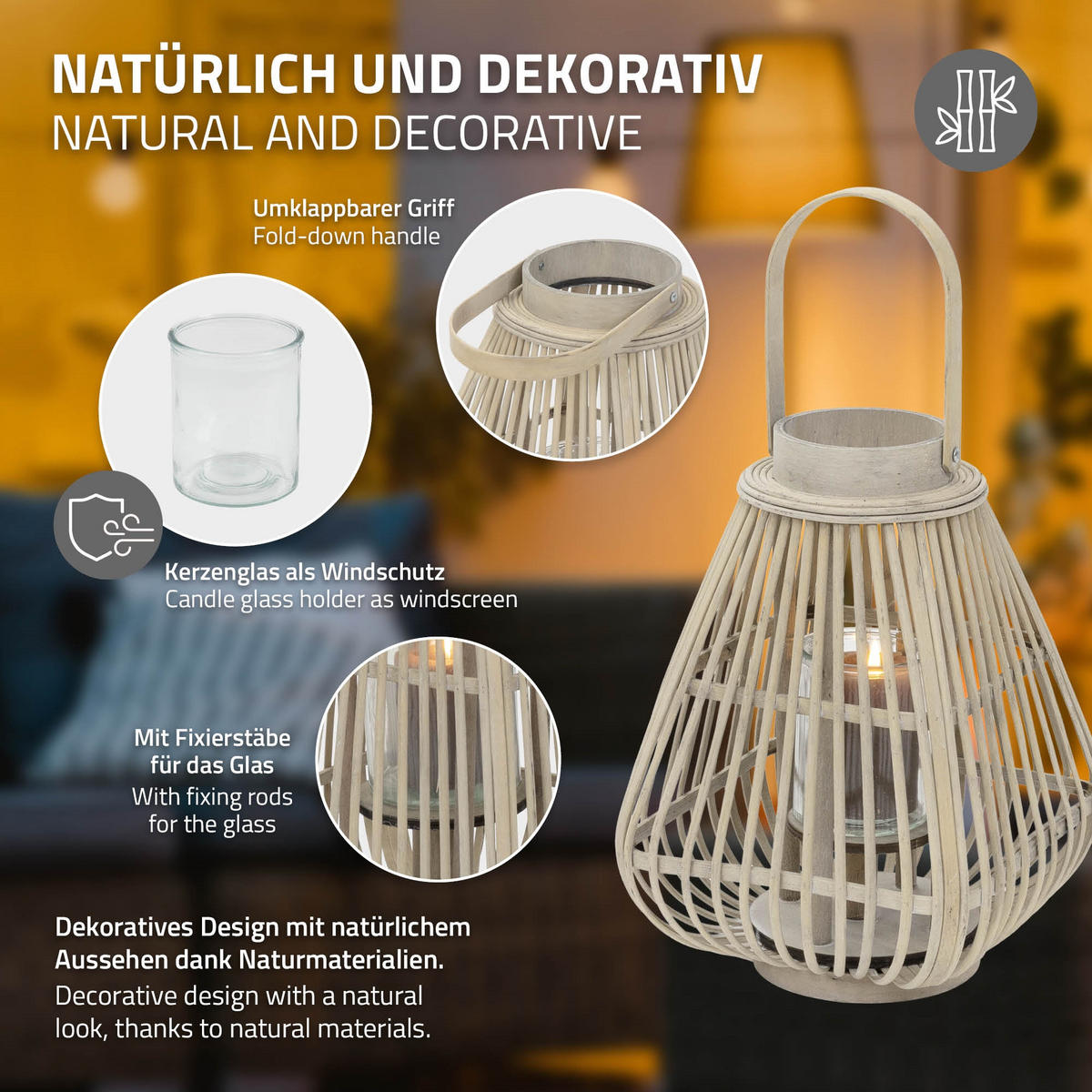 BAMBUSOVÁ LAMPION V: 42,5 cm, dřevěná barva, styl boho - přírodní, dřevo (23/42.5/23cm) - ECD-Germany