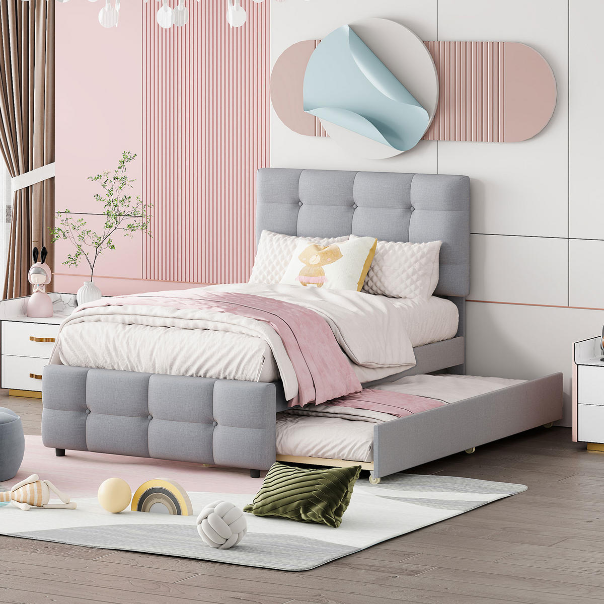 POLSTERBETT 90/200 cm grau mit ausziehbarem Bett und verstellbarem Kopfteil - Grau, Textil (90/200cm) - OKWISH